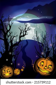 dark tree forest moon vector illustration Halloween pumpkins
