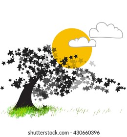 Dark tree full of leaves black and grey star shape behind with yellow full moon and white cloud