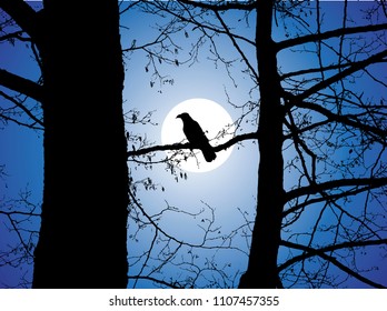 Dark trees and a black bird in the background of the moon. Game of Thrones
