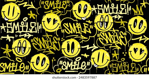 Dark Trendy Abstract Street Art Graffiti Style Happy Smiling Face Emoji Sticker Seamless Background