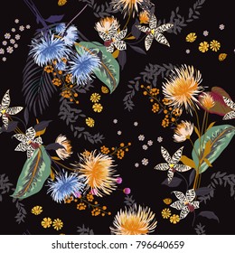 Dark Trendy Floral pattern in the many kind of flowers. Tropical botanical Seamless vector texture. Elegant template for fashion prints. Printing with in hand drawn style black background. Dark Trendy Floral pattern in the many kind of flowers. Tropical botanical Seamless vector texture. Elegant template for fashion prints. Printing with in hand drawn style black background.