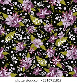 Dark Trendy patrón floral sin costuras para tela, dibujado a mano, vector. Flores patrón textil con flores pequeñas, hermosa huella botánica