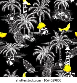 Dark  trendy seamless island pattern. Landscape with palm trees,fruit,hibiscus flower,banana,orange,beach and ocean vector hand drawn style on black background.