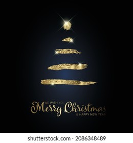 Dark trendy simple christmas card template with minimalistic christmas tree made from golden brush strokes and place for your text. Simple christmas card