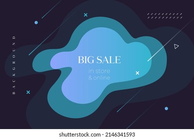 Diseño vectorial de moda oscuro para banner con figura plana sin forma con gradiente azul y violeta y líneas delgadas y otras formas geométricas sobre el fondo negro