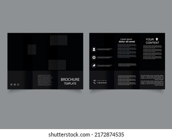 Dark tri fold brochure. Minimal corporate trifold business brochure design template, booklet, a4 brochure, annual report, project proposal, product catalog. Vector graphics.