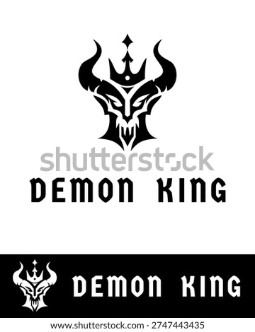 Dark tribal-style demon king logo featuring sharp horns, a menacing face, and a crown in black and white