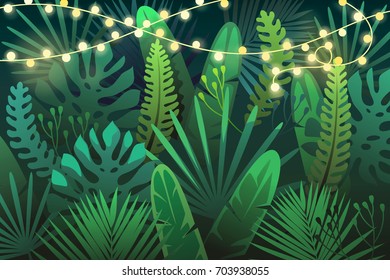 Dark tropical background with garland, string of lights. vector illustration