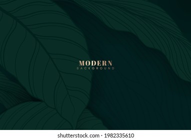 Dark tropical background with green leaves elements. Minimalistic  modern designs. Vector template, leaves greenery chic. Vintage style frame for fashion, banner, cover, poster, advertising