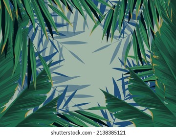 Dark tropical background, jungle leaves and plants. Vector illustration of palm leaves background, tropical vibes