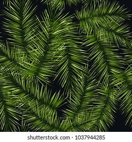 Dark tropical background with jungle plants. Seamless vector tropical pattern with green palm leaves.