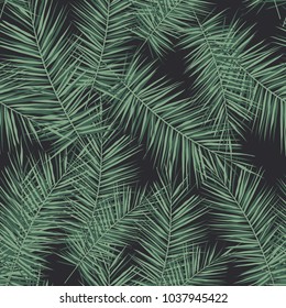 Dark tropical background with jungle plants. Seamless vector tropical pattern with green palm leaves.