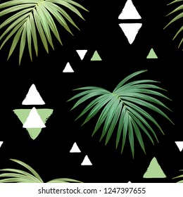 Dark tropical background with jungle plants. Seamless vector tropical pattern with green palm leaves and geometric tribal triangle elements.