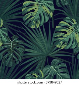 Dark tropical background with jungle plants. Seamless vector tropical pattern with green sabal palm and monstera leaves.