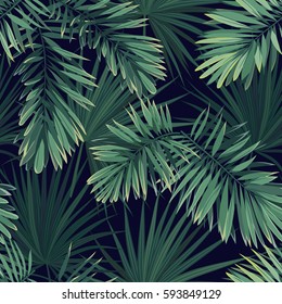 Dark tropical background with jungle plants. Seamless vector tropical pattern with green phoenix palm leaves.