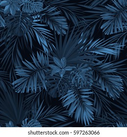 Fundo tropical escuro com plantas da selva. Padrão tropical sem costura vetorial com folhas de palmeira de fênix azul índigo.