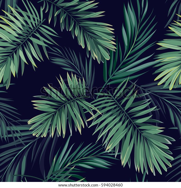 Dark tropical\
background with jungle plants. Seamless vector tropical pattern\
with green phoenix palm\
leaves.