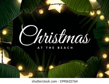 Dark tropical Christmas on the beach frame design with palm leaves, gold glowing stars and light bulbs. Vector background with copy space.
