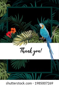 Dark tropical design with exotic monstera and royal palm leaves, blue macaws and branches. Vector illustration.