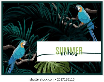 Dark tropical design with exotic monstera and royal palm leaves, blue macaws and branches. Vector illustration.