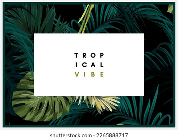 Dark tropical design with exotic monstera and royal palm leaves, blue macaws and branches. Vector illustration.