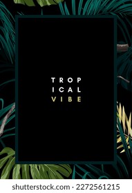 Dark tropical design with exotic monstera and royal palm leaves, blue macaws and branches. Vector illustration.