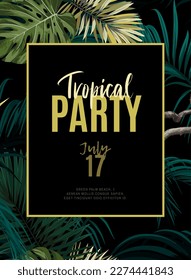 Dark tropical design with exotic monstera and royal palm leaves, blue macaws and branches. Vector illustration.