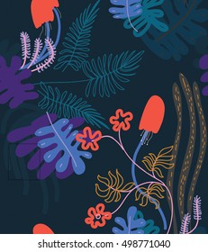 dark tropical fantasy mushroom seamless pattern vector