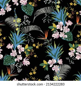 Dark tropical floral seamless background with exotic flowers, botanical vector illustration EPS10 in ,Design for fashion , fabric, textile, wallpaper , wrapping and all prints hawaiian style.