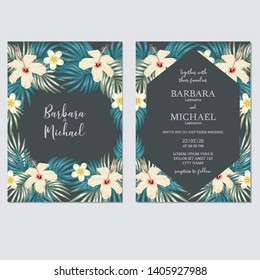 Dark tropical floral wedding invitation template with hibiscus, palm leaf, and plumeria flower.
