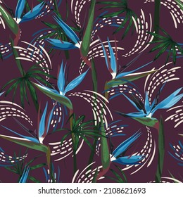 Dark Tropical flower,bird of paradise beautiful,Jungle leaf,exotic floral print seamless pattern,Design for fashion , fabric, textile, wallpaper, cover, web , wrapping and all prints 
