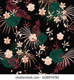 Dark Tropical with flowers palm leaves,Exotic  leaf seamless vector floral pattern background on black