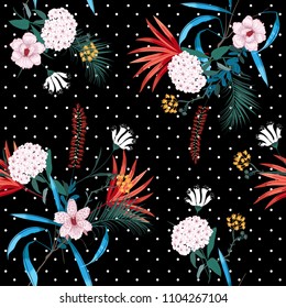 Dark tropical forest and blooming florals mix with trendy small polkadot ,seamless pattern in vector for fashion fabric and all prints on black background.