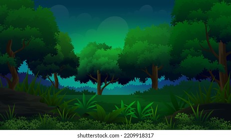 Dark Tropical Forest Clearing Illustrations With Trees And Lush Grass