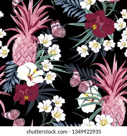 Dark tropical forest exotic colorful flowers, palm leaves black background seamless vector pattern,design for fashion,fabric,wallpaper,web and all prints 