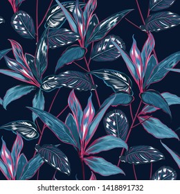 Dark Tropical forest night botanical Motifs scattered random. Seamless vector texture Floral pattern in the many kind of wild forest Printing with in hand drawn style on navy blue background color