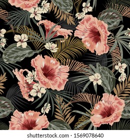 Dark tropical forest at night seamless pattern wallpaper vintage mood leaves of palm trees and exotic of flowers design for fashion,fabric,web,wallpeper,and all prints on black background color.