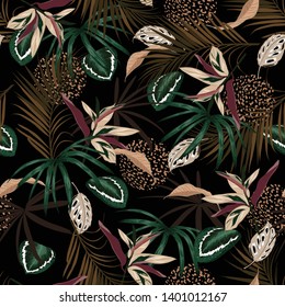 Dark Tropical jungle and colorful palm leaves, exotic palnts with animal skin seamless pattern vector floral  design for fashion,fabric,web,wallpaper,and all prints on black