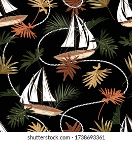 Dark tropical leaves ,boat,and sailor rope seamless pattern in vector EPS10 hand drawn style,Design for fashion,fabric,web,wrapping,wallapaper,textile and all prints on black