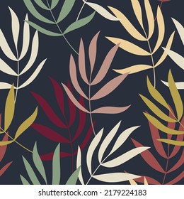 Hojas tropicales oscuras vectores de patrones sin fisuras. Resumen de ramas planas ilustración de fondo floral. Papel de escritorio, fondo, tela, textil, impresión, papel envolvente o diseño de paquete.