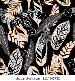 Dark tropical night leaves and foliage seamless pattern vector in hand drawn style for fashion fabric and all prints on orange line and black  background color