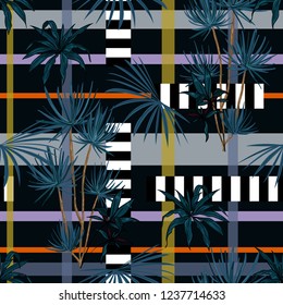 Dark tropical palm trees and leaves mixed with geometric stripe modern line seamless pattern on vector design for fashion,fabric,wallpaper, and all prints on black background color