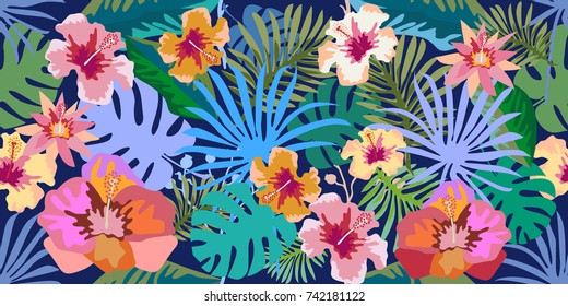 Dark tropical paradise. Seamless vector pattern with palm leaves and exotic flowers. Flourish panoramic print with Hawaiian motifs. On blue background. Retro textile collection.