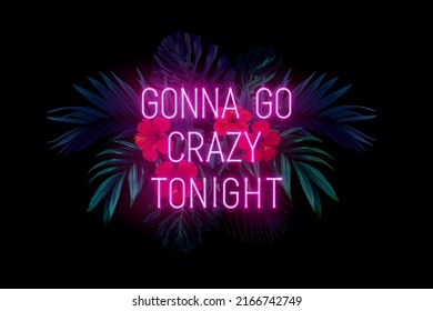 Dark tropical party design with palm leaves and neon letters. Summer night vector illustration.