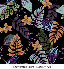 Diseño tropical oscuro con bosque exótico y hojas, vectorial sin costura artística. Diseño forestal original con motivos florales, colores arcoiris brillantes en negro.