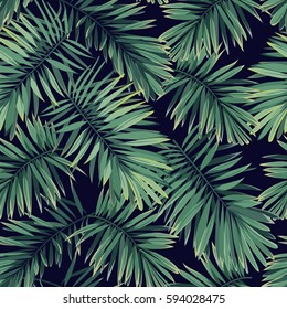 Dark tropical pattern with exotic plants. Seamless vector tropical pattern with green phoenix palm leaves.