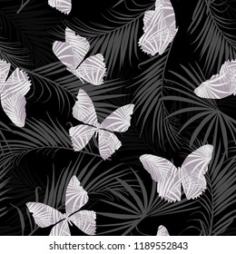 Dark Tropical pattern fill-in  butterfly flying on the exotic forest seamless pattern vector design for fashion, fabric, wallpaper, and all prints on black background color