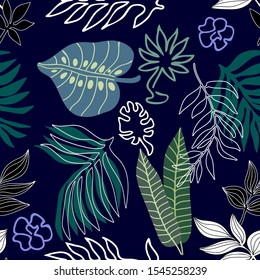 Dark Tropical Print. Seamless pattern with palm leaves. Textile design for swimwear, shirts and dresses. Aloha summer collection. Blue, green, white.