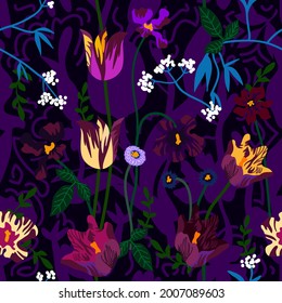 Dark tropical print. Seamless pattern with floral elements. Template for textile design, cards, covers.