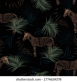 Dark tropical safari with line zebra in the jungle seamless pattern in vector EPS10 ,Design for fashion, fabric, web,wallpaper,wrapping and all prints on black.